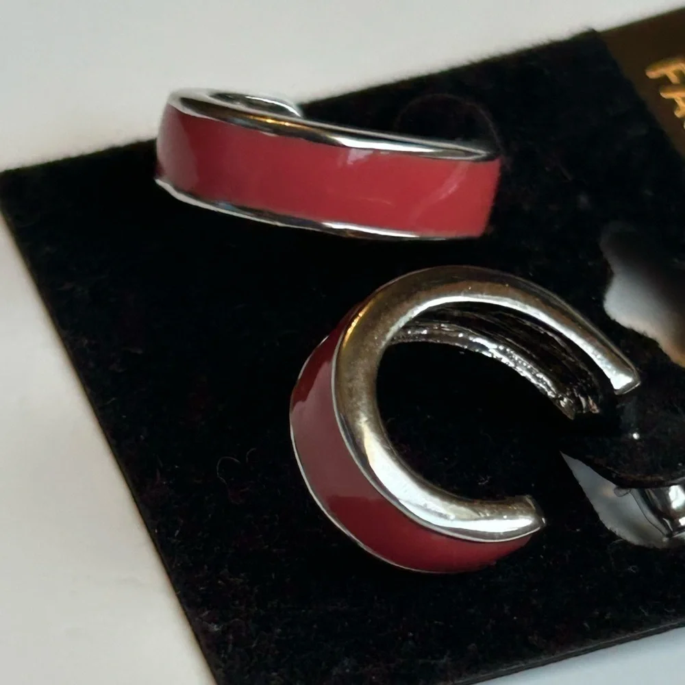 Vintage Pink Enamel Silver Hoop Earrings